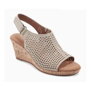Rockport Women 6W Briah Perforated Slingback Wedge Sandal Beige Leather Comfort